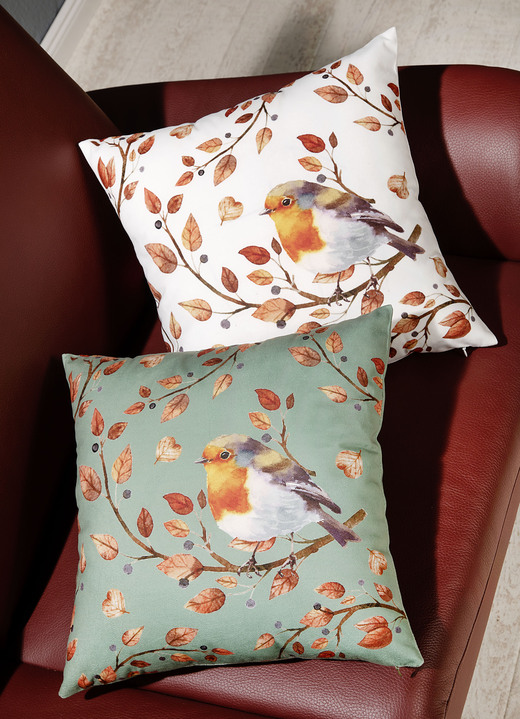Dekokissen & Hüllen - Kissenbezug mit Vogel auf Zweig Motiv, in Farbe CREME Ansicht 2