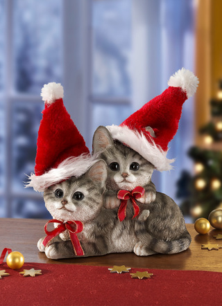 Weihnachtliche Dekorationen - Weihnachtskätzchen aus Polyresin, in Farbe GRAU-ROT