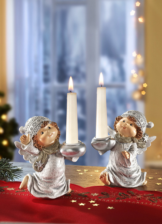 Weihnachten - Kerzenhalter Engel aus Polyresin, 2er-Set, in Farbe SILBER Ansicht 1
