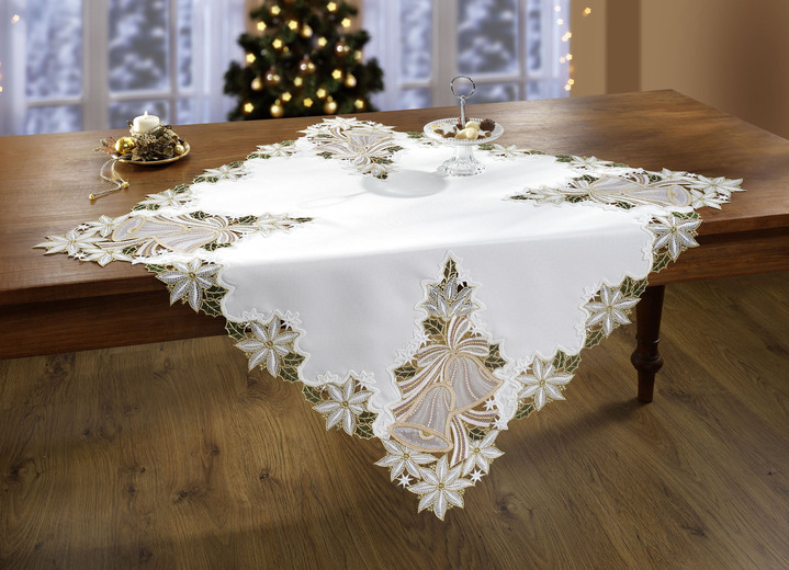 - Tischdekoration mit Organza-Einsätzen, in Größe 110 (Deckchen rund, ø 35 cm) bis 140 (Deckchen oval, 36x 54 cm), in Farbe SEKT-GRÜN-ROT Ansicht 2