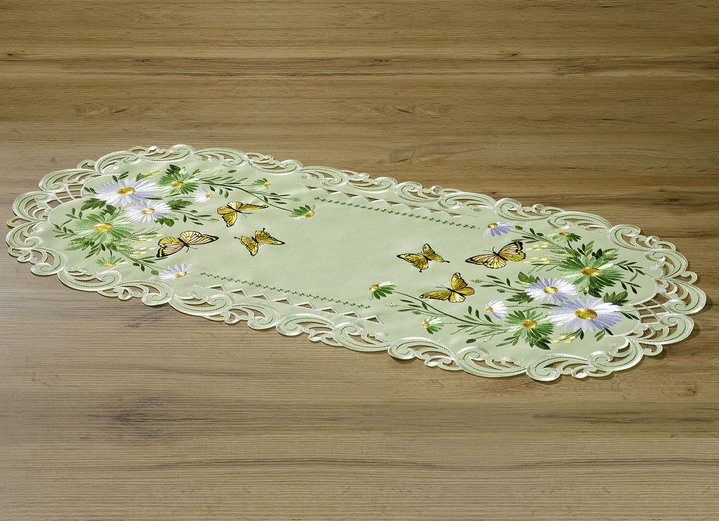 Heimtextilien - Tisch- und Raumdekoration mit Blumen und Schmetterlingen, in Größe 101 (Deckchen oval, 35x 50 cm) bis 404 (Kissenbezug, 40x 40 cm), in Farbe GRÜN Ansicht 3