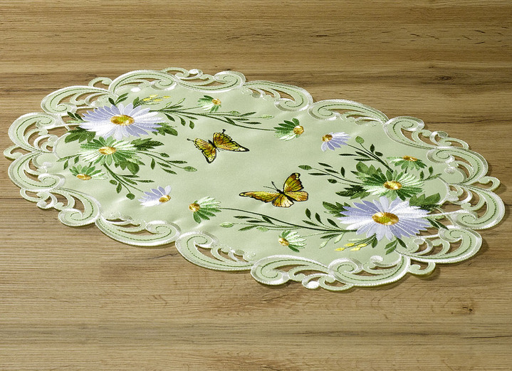 Heimtextilien - Tisch- und Raumdekoration mit Blumen und Schmetterlingen, in Größe 101 (Deckchen oval, 35x 50 cm) bis 404 (Kissenbezug, 40x 40 cm), in Farbe GRÜN Ansicht 1