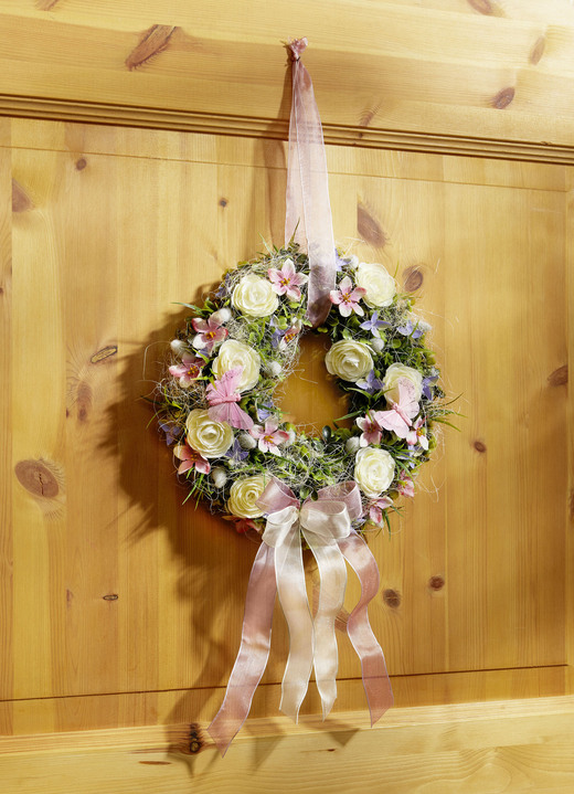 Ostern - Wandkranz mit Ranunkeln und rosafarbenen Blüten, in Farbe GRÜN-WEISS