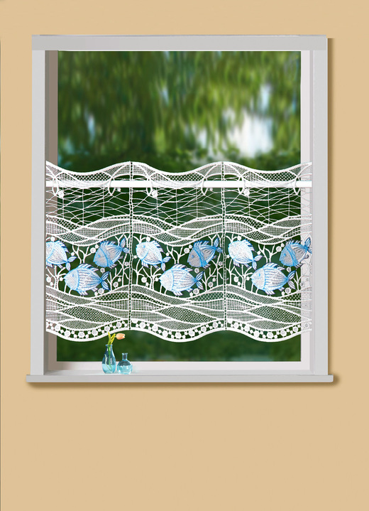 Kurzgardinen - Kurzstore mit Fische-Motiv und Plauener Stickerei, in Größe 818 (H30xB48 cm) bis 824 (H30xB96 cm), in Farbe ECRU-AQUA