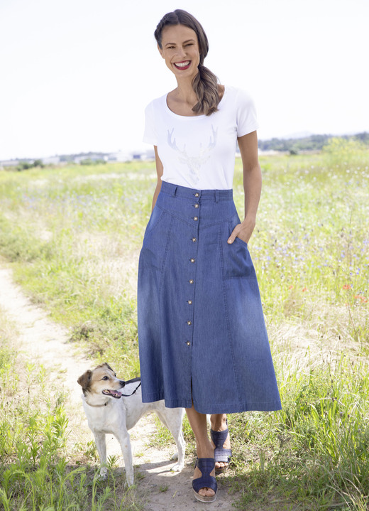Uni - Rock mit Schmuckknöpfen, in Größe 034 bis 052, in Farbe JEANSBLAU Ansicht 2
