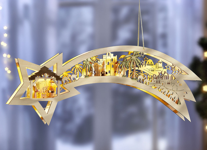 Weihnachtliche Dekorationen - Beleuchtete Sternschnuppe aus Holz, in Farbe BRAUN-GRÜN Ansicht 1