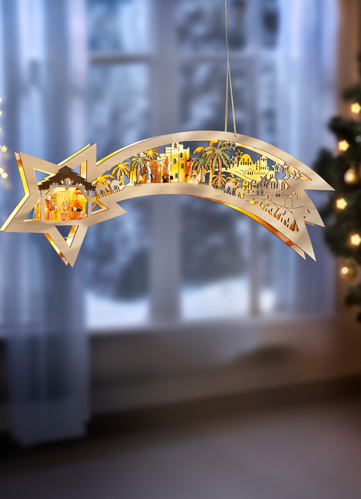 Weihnachtliche Dekorationen - Beleuchtete Sternschnuppe aus Holz, in Farbe BRAUN-GRÜN Ansicht 2