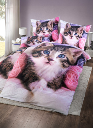 - Digital bedruckte Bettwäsche-Garnitur mit Katzen-Motiv, in Größe 111 (40x80 cm + 135x200 cm) bis 115 (80x80 cm + 155x220 cm), in Farbe WEISS