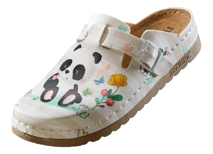Sandaletten & Pantoletten - Bequemer Clog mit niedlichem Panda-Druck Ansicht 2 Sandaletten & Pantoletten - Bequemer Clog mit niedlichem Panda-Druck, in Größe 036 bis 042, in Farbe WEISS-BEIGE Ansicht 2