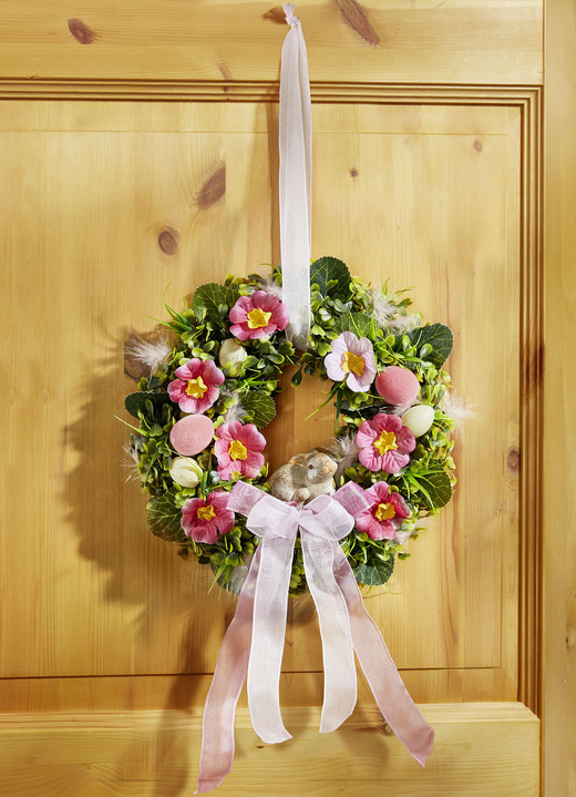 Dekoration - Wandkranz mit Häschen aus Keramik, in Farbe GRÜN-ROSA