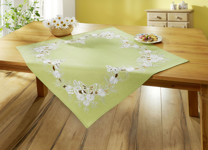 Heimtextilien - Tisch- und Raumdekoration mit gestickten Schmetterlingen und Blumen, in Größe 101 (Deckchen, 35x 50 cm) bis 404 (Kissenbezug, 40x 40 cm), in Farbe GRÜN-WEISS Ansicht 2
