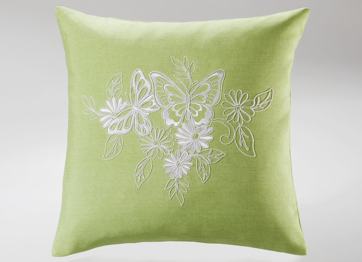 Heimtextilien - Tisch- und Raumdekoration mit gestickten Schmetterlingen und Blumen, in Größe 101 (Deckchen, 35x 50 cm) bis 404 (Kissenbezug, 40x 40 cm), in Farbe GRÜN-WEISS Ansicht 3