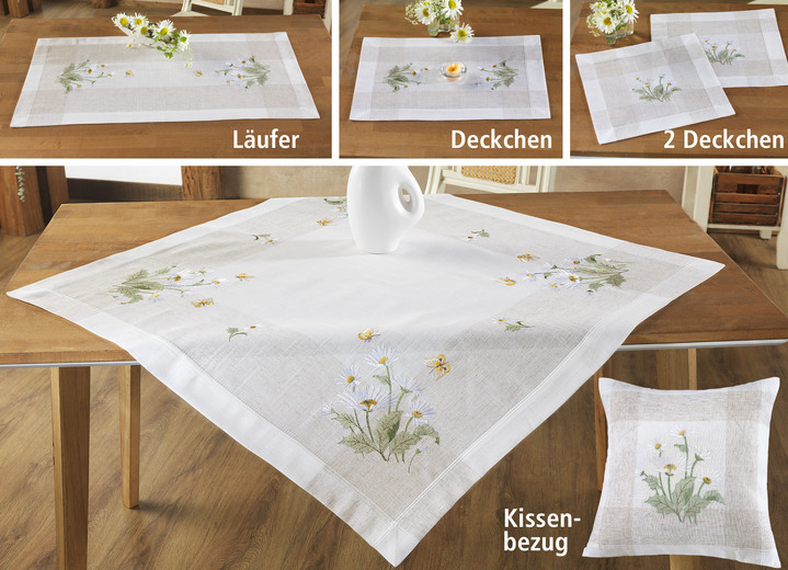 - Tisch- und Raumdekoration mit Blümchen-Dessin, in Größe 101 (Deckchen, 35x 50 cm) bis 404 (Kissenbezug, 40x 40 cm), in Farbe SEKT-BUNT Ansicht 2