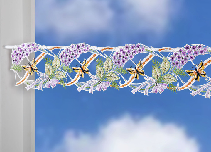 Kurzgardinen - Stangendeko Flieder aus echter Plauener Spitze Ansicht 2 Kurzgardinen - Stangendeko Flieder aus echter Plauener Spitze, in Größe 628 (H15xB 40 cm) bis 660 (H15xB115 cm), in Farbe MULTICOLOR Ansicht 2