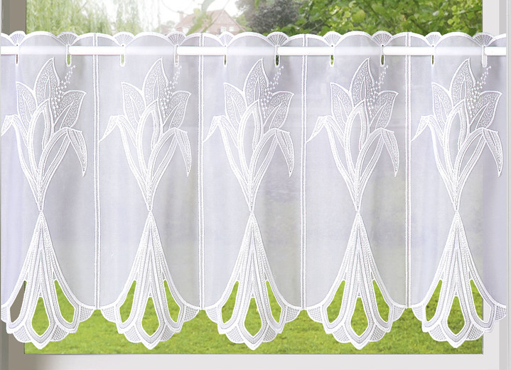 - Kurzvorhang Lilie mit Plauener Stickerei und Stangendurchzug, in Größe 662 (H40xB 95 cm) bis 827 (H40xB160 cm), in Farbe WEISS Ansicht 2