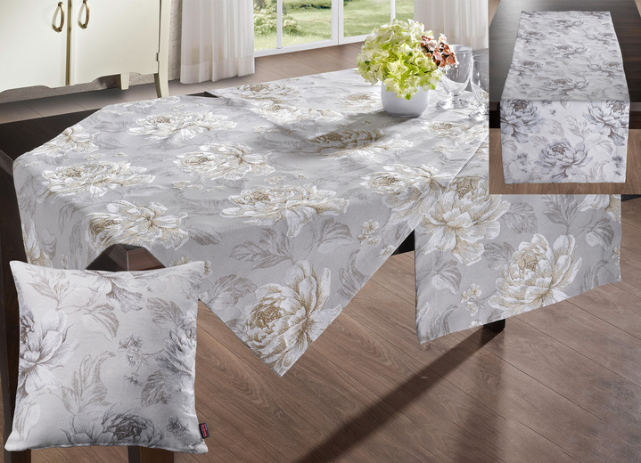 Heimtextilien - Tischdecke oder Kissenbezug mit Blüten-Dessin, in Größe 102 (Läufer, 40x100 cm) bis 404 (Kissenbezug, 40x 40 cm), in Farbe BEIGE-GOLD