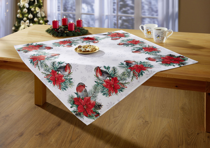 Tischdecken - Tisch- und Raumdekoration mit niedlichen Rotkehlchen, in Größe 101 (Deckchen, 35x 50 cm) bis 404 (Kissenbezug, 40x 40 cm), in Farbe BUNT Ansicht 2