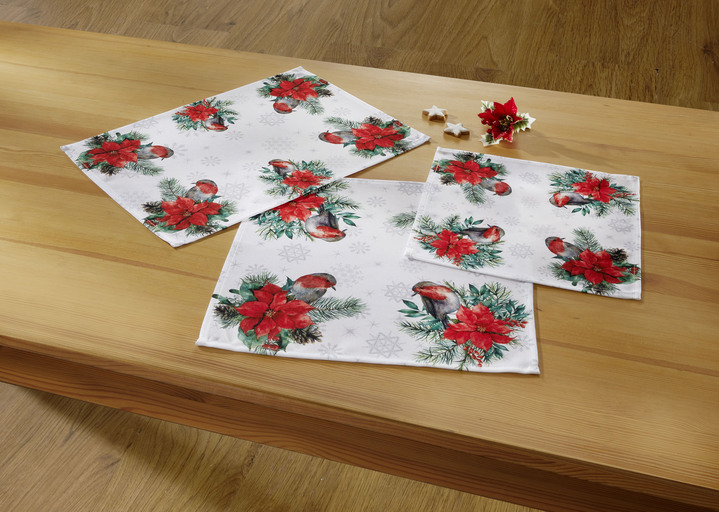Tischdecken - Tisch- und Raumdekoration mit niedlichen Rotkehlchen, in Größe 101 (Deckchen, 35x 50 cm) bis 404 (Kissenbezug, 40x 40 cm), in Farbe BUNT Ansicht 1
