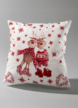 Dekokissen & Hüllen - Kissenbezug mit Rentierpaar in Samtoptik, in Farbe ROT – Farbe ROT – Ansicht 
