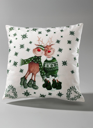 Dekokissen & Hüllen - Kissenbezug mit Rentierpaar in Samtoptik, in Farbe ROT – Farbe GRÜN – Ansicht 