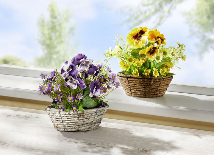 - Stiefmütterchen und Margeriten in Weidekorb, in Farbe GELB Ansicht 2