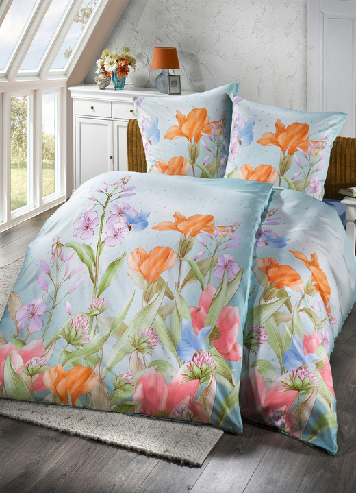 Bettwäschegarnituren - Dormisette Bettwäsche-Garnitur mit floralen Dessin, in Größe 112 (80x80 cm + 135x200 cm) bis 115 (80x80 cm + 155x220 cm), in Farbe BLAU Ansicht 1