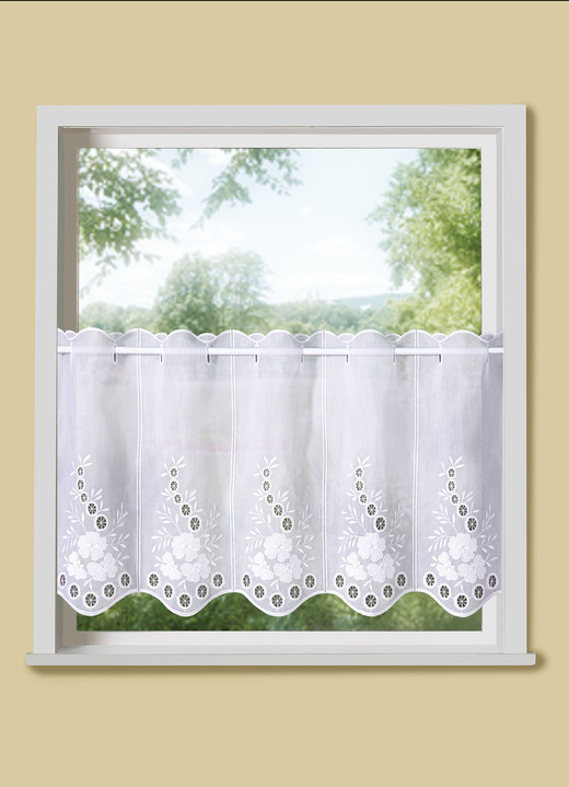 Kurzgardinen - Bestickter Kurzstore mit gebogtem Abschluss, in Größe 661 (H 30xB 95 cm) bis 892 (H120xB125 cm), in Farbe WEISS Ansicht 2