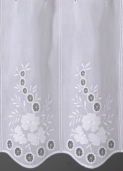 Kurzgardinen - Bestickter Kurzstore mit gebogtem Abschluss, in Größe 661 (H 30xB 95 cm) bis 892 (H120xB125 cm), in Farbe WEISS Ansicht 4