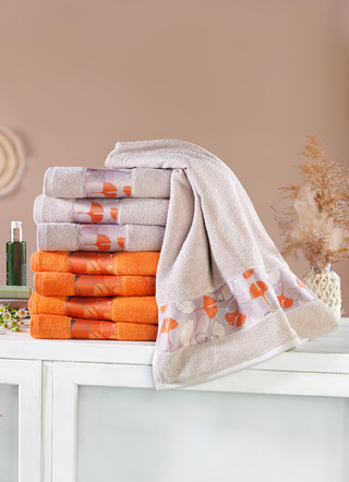 Frottier Handtücher - Frottier-Serie mit bedruckter Polyester-Bordüre, in Größe 200 (1 Handtuch, 50x100 cm) bis 205 (5-teiliges Sparset), in Farbe BEIGE