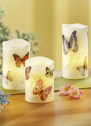 LED-Echtwachskerzen mit frühlingshaften Schmetterlingssmotiv, 3er-Set