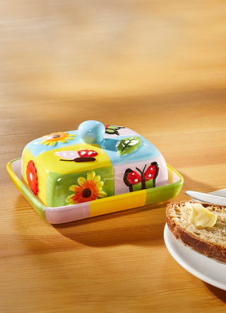 Geschirr - Farbenfrohe Geschirr-Serie aus Steingut, in Farbe BUNT, in Ausführung Butterdose – Farbe BUNT – Ansicht 