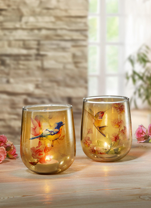 - Glas-Windlicht mit Vögelchen-Szene, 2er-Set, in Farbe BUNT Ansicht 2