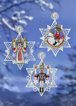 Fensterbild Erzgebirge, 3er-Set, aus echter Plauener Spitze