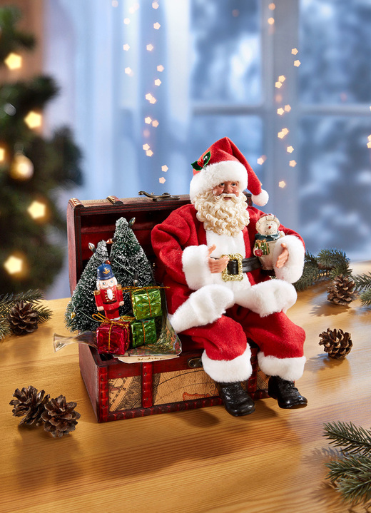 Weihnachtliche Dekorationen - Handgefertigter Weihnachtsmann auf Truhe, in Farbe BRAUN-WEISS-ROT Ansicht 2