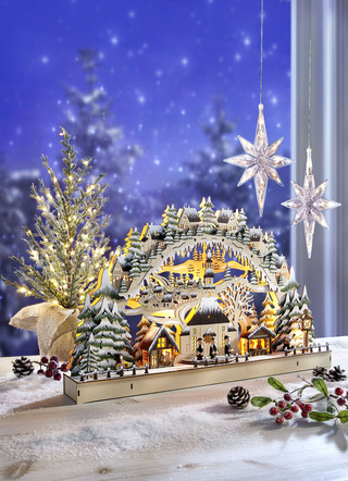 Weihnachtliche Dekorationen - Schwibbogen mit LED-Beleuchtung, in Farbe NATUR-GRÜN