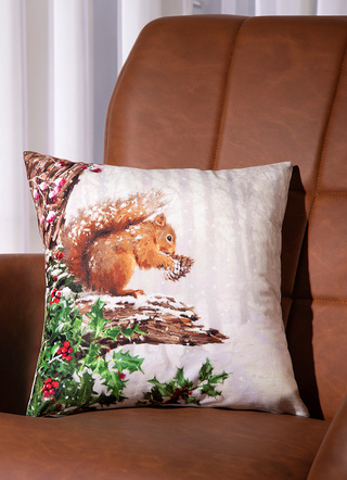 - Kissenbezug mit winterlichem Eichhörnchen-Dessin, in Farbe BUNT