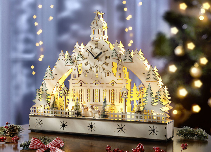 Weihnachtliche Dekorationen - Lichterbogen mit Uhr, in Farbe NATUR-GRÜN