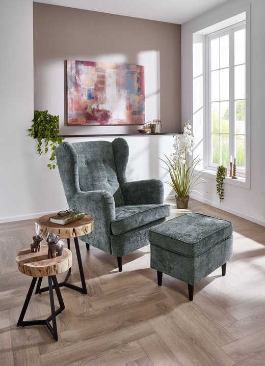 Sessel - Ohrenbackensessel mit Hocker, in Farbe GRÜN