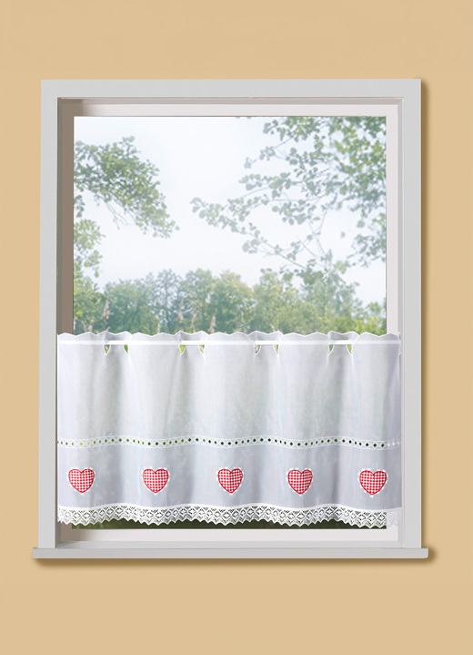 Kurzgardinen - Kurzstore mit Macramé-Abschluss und Stangendurchzug, in Größe 661 (H30xB 90 cm) bis 859 (H60xB145 cm), in Farbe WEISS-ROT