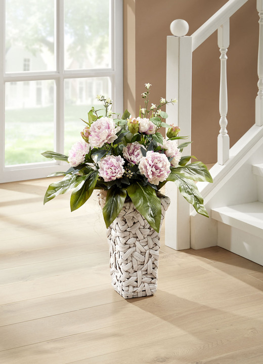 Kunst- & Textilpflanzen - Bauernrosen in Wasserhyazinthen-Korb, in Farbe PINK-GRÜN, in Ausführung Pink, Topf in natur Ansicht 2