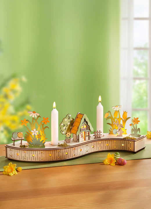 Ostern - Geschwungener Kerzenhalter aus Holz, in Farbe NATUR-GRÜN-GELB