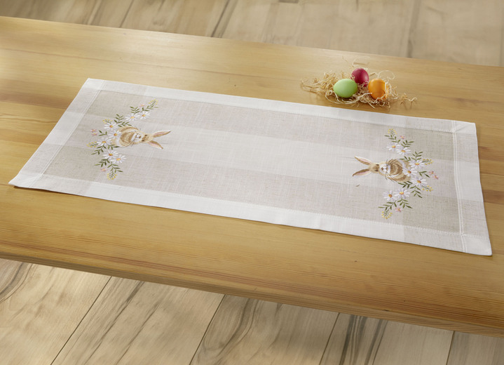 Heimtextilien - Bestickte Tisch- und Raumdekoration mit Osterhasen-Motiv, in Größe 102 (Läufer, 40x 85 cm) bis 404 (Kissenbezug, 40x 40 cm), in Farbe SEKT-BUNT Ansicht 3