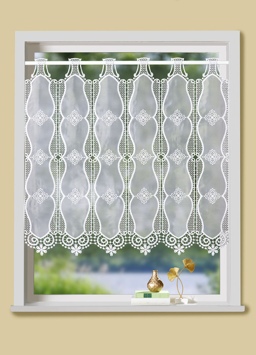 Kurzgardinen - Kleinfenster-Store mit Macramé-Abschluss, in Größe 824 (H45xB100 cm) bis 899 (H90xB200 cm), in Farbe WEISS