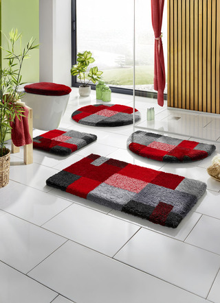 Badgarnituren - Badgarnitur in Supersoft-Qualität, in Größe 100 (Vorleger halbrund, 50x 80 cm) bis 112 (WC-Deckelbezug, 47x 50 cm), in Farbe GRAU-ROT – Farbe GRAU-ROT – Ansicht 