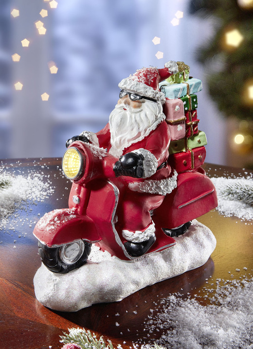 Weihnachtliche Dekorationen - Beleuchteter Nikolaus auf Roller, in Farbe ROT