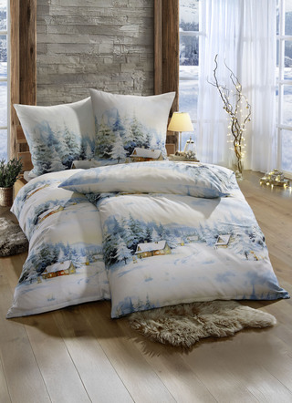 Beidseitig bedruckte Bettwäsche-Garnitur mit Winterlandschaft
