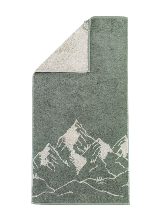 Frottier Handtücher - Frottier-Serie mit eingewebtem Bergpanorama, in Größe 200 (1 Handtuch, 50x100 cm) bis 201 (2 Gästehandtücher, 30x 50 cm), in Farbe GRÜN Ansicht 1