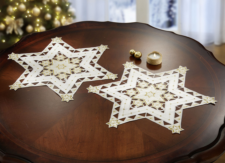 Tischdecken - Bestickte, festliche Tischdekoration, in Größe 120 (2 Sterne, ø 20 cm) bis 185 (Stern, ø 85 cm), in Farbe WEISS-SILBER Ansicht 12