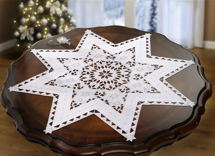 Tischdecken - Bestickte, festliche Tischdekoration, in Größe 120 (2 Sterne, ø 20 cm) bis 185 (Stern, ø 85 cm), in Farbe WEISS-SILBER Ansicht 6