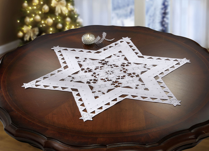 Tischdecken - Bestickte, festliche Tischdekoration, in Größe 120 (2 Sterne, ø 20 cm) bis 185 (Stern, ø 85 cm), in Farbe WEISS-SILBER Ansicht 5